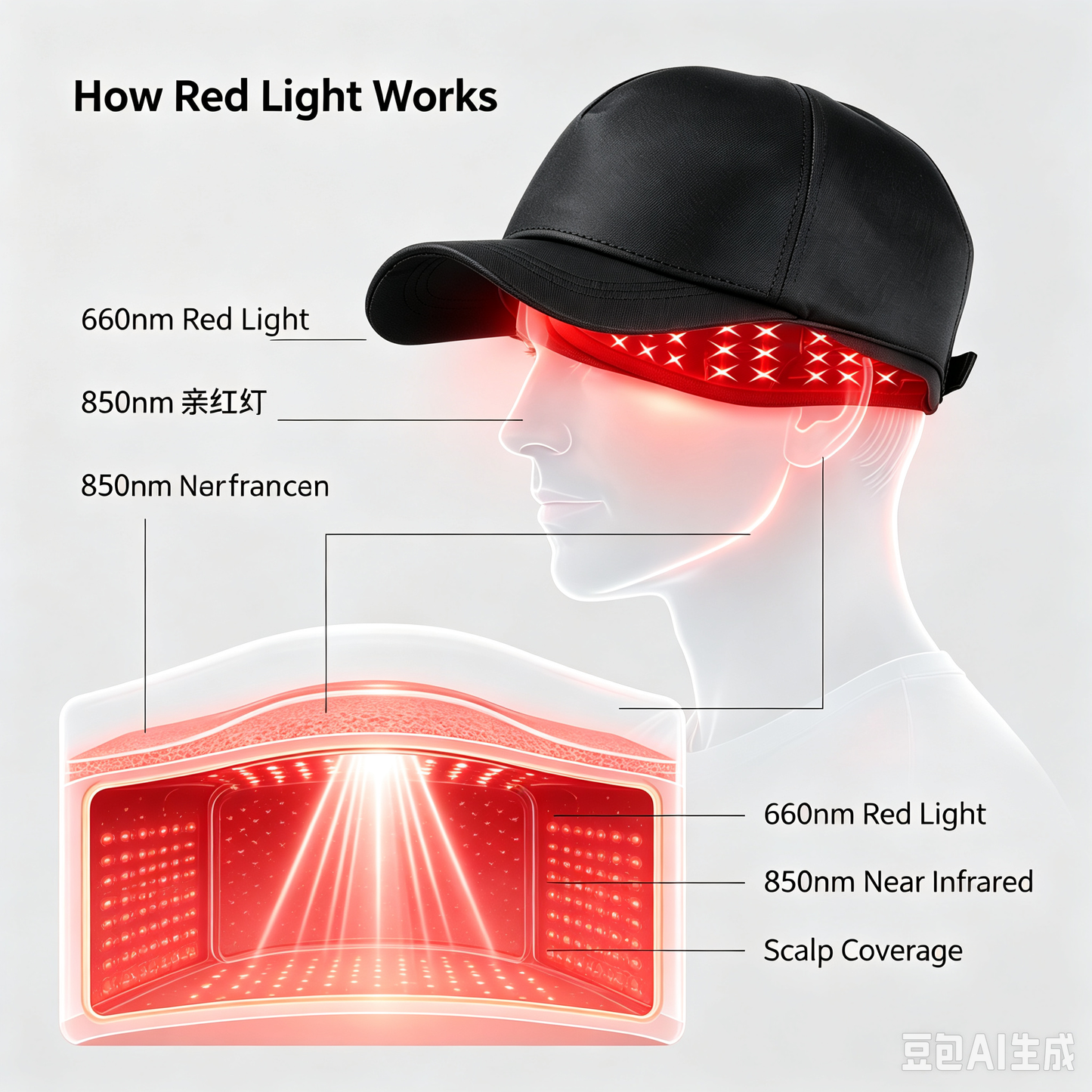 Wireless Red‑Light Hair Growth Cap,300 LED Chips,660nm+850nm Scalp Therapy Hat,3‑Level Brightness Timing Hair‑care Device