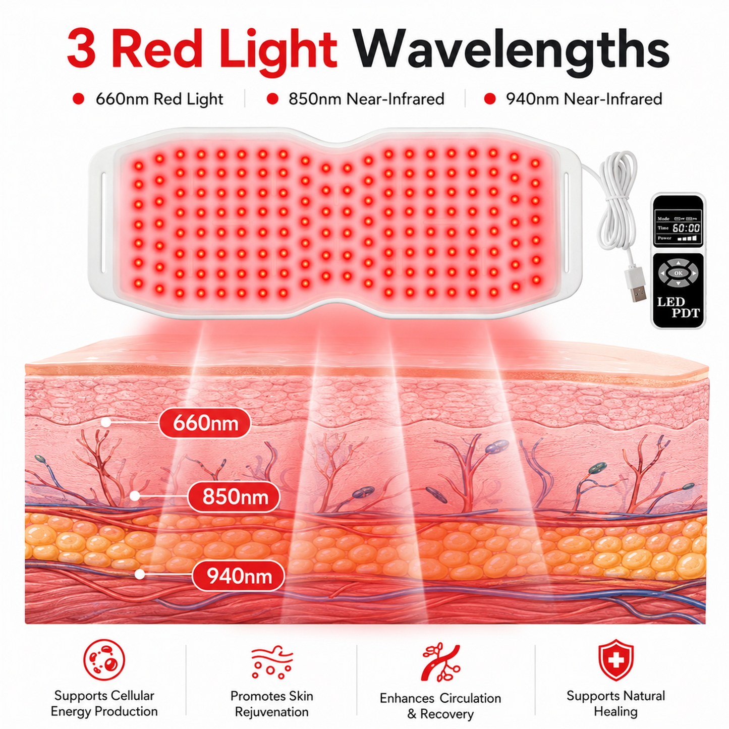 ZJZKTOP Red Light Therapy Belt 660nm 850nm 940nm Silicone Infrared Wrap Pad
