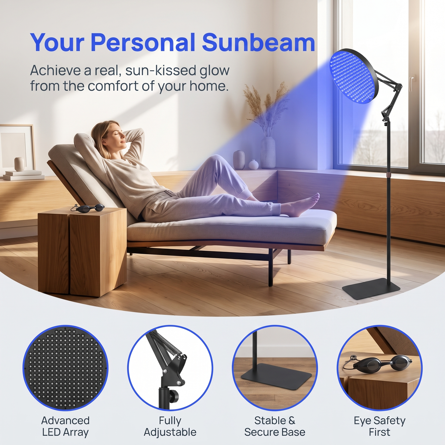 Round 460nm Blue‑light LED Therapy Light, 50W Tanning & Skin Care Device for Home & Beauty Salon