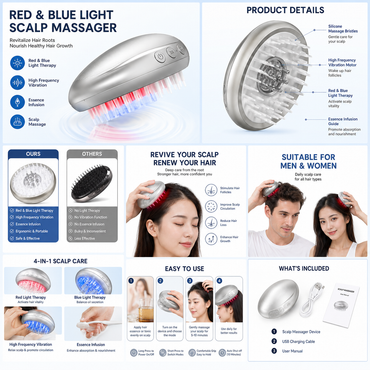Red & Blue Light Hair Growth Comb – 3-in-1 Scalp Massager with Vibration Therapy, Serum Applicator & LED Phototherapy for Hair Regrowth, Oil Control & Scalp Health – USB Rechargeable, Portable Home Use for Men & Women