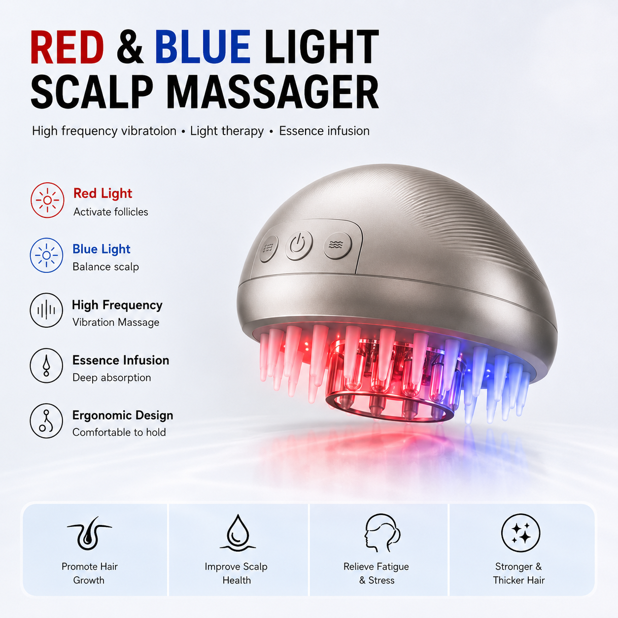 Red & Blue Light Hair Growth Comb – 3-in-1 Scalp Massager with Vibration Therapy, Serum Applicator & LED Phototherapy for Hair Regrowth, Oil Control & Scalp Health – USB Rechargeable, Portable Home Use for Men & Women
